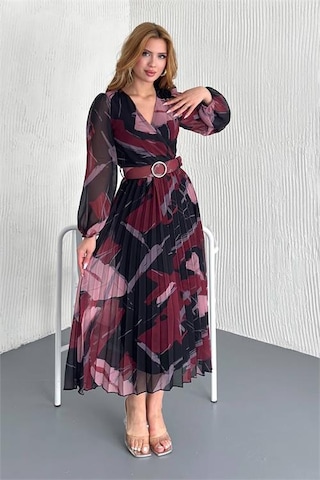Neşeli Butik Kadın Kemerli Kruvaze Yaka Desenli Şifon Elbise Nbk20302 Bordo