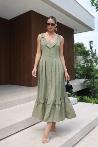 Asprinfashion V Yaka Önü Süs Düğmeli Keten Elbise Haki