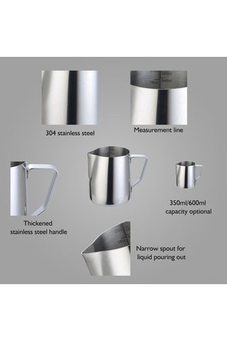 Leezsing 304 Paslanmaz Çelik Süt Köpük Kavanozu 350ml - İç Çift Ölçekli Dar Boşalma Açığıyla Gümüş