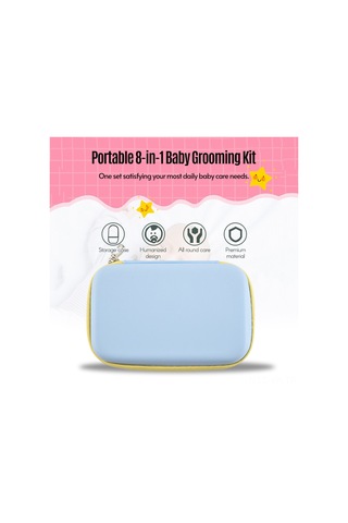 Vkemall Bebek Bakım 8'li Set: Tırnak Kırıcı, Fırça, Tarak, Burun Emici, Parmak Fırçası, Elektronik Termometre + Depolama Kutusu Mavi