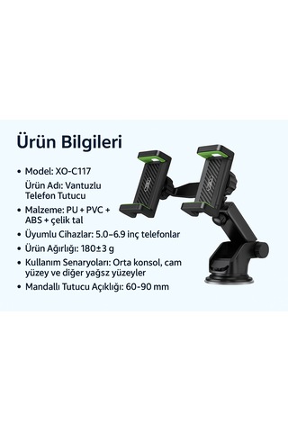 5.0-6.9 İnç Uyumlu 2 Mandallı Vakumlu 360 Döner Telefon Tutucu