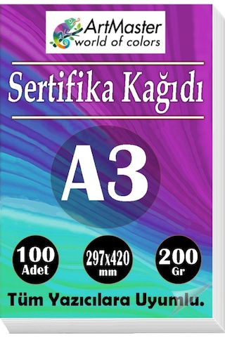 A3 Sertifika Kağıdı 100 Adet 200 Gram Kalın Fotokopi Kağıdı Tüm Yazıcılara Uyumlu 29.7x42 Cm Kalın Baskı Kağıdı