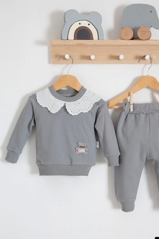 Babydonat Dantel Yakalı Pamuklu 2'li Kız Bebek Takımı Gri