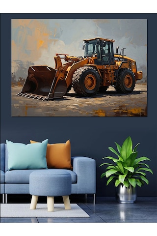Şantiyede Çalışan Modern Sarı Dozer Dekoratif Kanvas - Mdf Ahşap Tablo