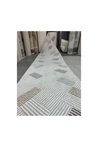 Modern Geometrik Çizgili Bej Vizon Koridor Yolluk & Salon Halısı - 3d Kabartma Dokulu Krem