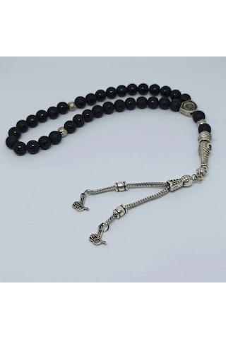 Kesebe Doğal Mat Siyah Desenli Oniks Taşlı Tespih - El Yapımı Koleksiyonluk Parça Çok Renkli