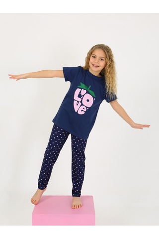 Kız Çocuk Kısa Kollu %100 Pamuklu Pijama Takımı Cute Love Lacivert