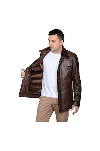 Derije Owen Hakiki Deri Erkek Kürklü Kestane Karartma Ceket-Mont-Kaban