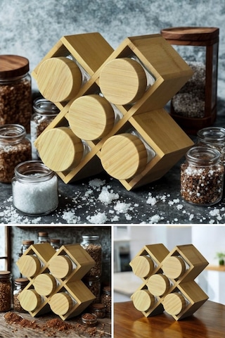 Piev Bambu Kapaklı Standlı 5 Li Kavanoz X Baharatlık Sarı