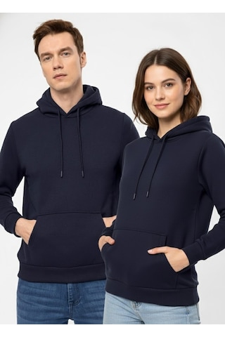 Süvari Oversize Geniş Kesim Pamuklu Yumuşak Dokulu Içi Polarlı Basic Kapüşonlu Sweatshirt Lacivert