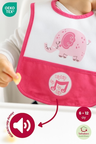 Düdüklü Cepli Sıvama Mama Önlüğü - Mutlu Fil Pembe Bebek Önlüğü Koyu Pembe