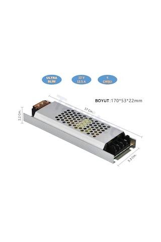 12 Volt Trafo Ultra Silim Alüminyum Kasa Adaptör 4 Çıkış 12.5 A