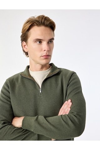 Koton Regular Fit Uzun Kollu Fermuar Detaylı Dik Yaka Sweatshirt Haki 7wam70009mk