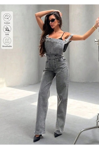 Kene Jeans Bol Paça Kar Siyah Bahçıvan Kot Tulum Kar Siyah