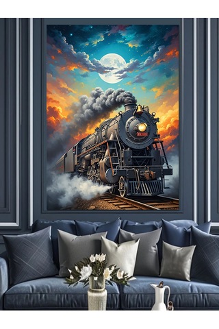 Gece Yolunda İlerleyen Buharlı Tren Dekoratif Kanvas - Mdf Ahşap Tablo