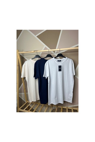 Mfz Giyim Lacivert - Beyaz - Krem Renk 3'lü Bisiklet Yaka Erkek T-shirt Lacivert-beyaz-krem