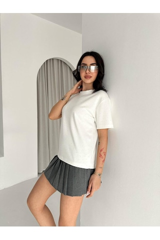 Kadın Taş Detaylı Basic Tişört Kısa Kol Minimal Şık T-shirt BEYAZ