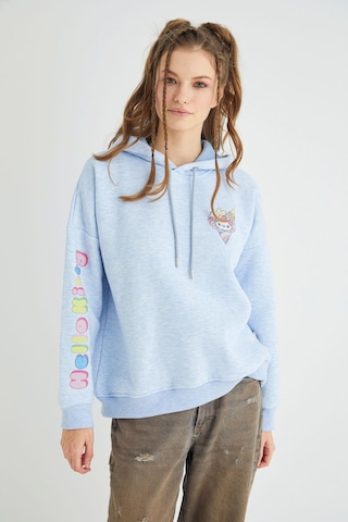Hello Kitty Lisanslı Baskılı Kapüşonlu Kalın Mavi Sweatshirt Renkli