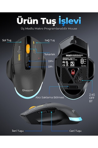 Mkespn W601w Tri Mode Rgb Gaming Mouse 12800 Dpı 7 Tuş Makro 1000hz Beyaz Diğer