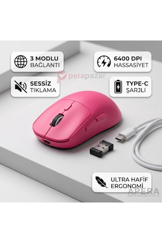 Kablosuz Bluetooth Ve Usb Alıcılı Gaming Mouse Sessiz Tık Type-c Şarjlı 6400 Dpı 3 Modlu Bilgisayar Laptop Oyuncu Faresi Cn10 Pembe