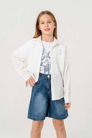 Kız Çocuk Tek Cepli Gömlek T-shirt İkili Takım 1802 Beyaz