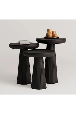 3 Lü Siyah Set Kalın Fitilli Mantar Yan Sehpa Modern