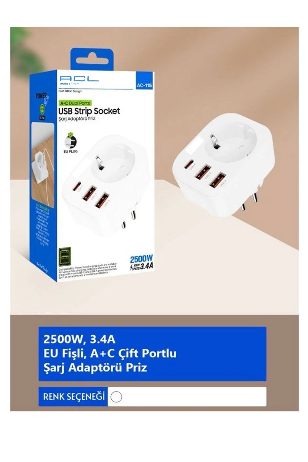 Ac-115 2500w 3.4a 2 Usb-a 1 Type-c 1 Soket Akım Korumalı Şarj Adaptörü Priz Çoğaltıcı Diğer