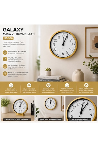 Galaxy Ms-500-a-g-k Masa Ve Duvar Saati - Gold, Gri Ve Siyah, Sessiz Akar, Pilli, 17 Cm Diğer