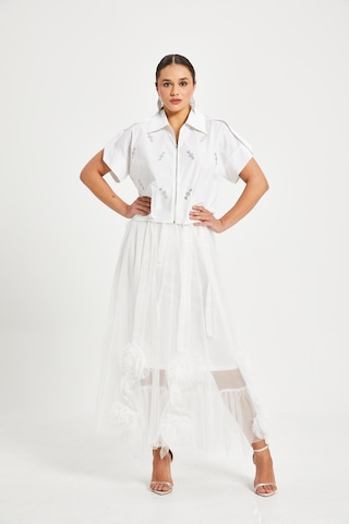 Kadın Tül Detaylı Uzun Etek Astarı Elastan Karışımlı, Özel Tasarım Beyaz