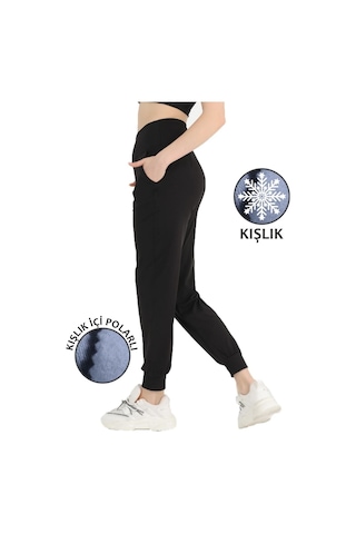 Kadın Siyah Yüksek Bel Jogger Eşofman Altı Polarlı Kışlık Cepli Joggers 1062 Siyah