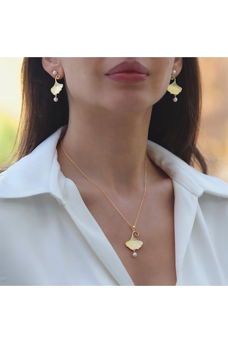 İstiridye İncili Sarkıt Gold Gümüş Set Gümüş