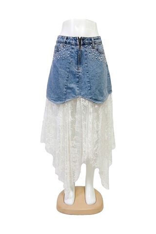 Orvelia İnci İşlemeli Denim Ve Asimetrik Dantel Katmanlı Maksi Etek Celessa Açık Mavi