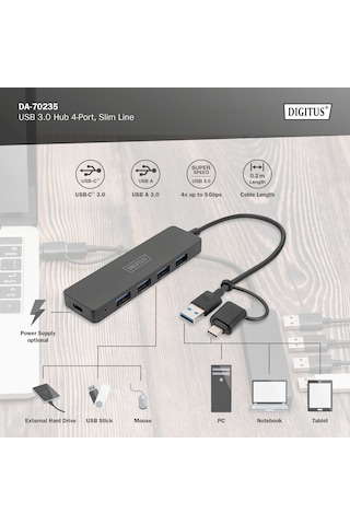 Usb 3.0 Hub, 4 Port, Slimline Usb-c Adaptörlü, 5gbps, 0,2 M Ka...