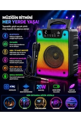 20w Rms Güçlü Bluetooth Parti Hoparlörü - 4 İnç Rgb Işıklı - Kablolu Mikrofonlu Karaoke Seti Mikrofon Dahil - Fm Radyo, Usb Ve Tf Kart Destekli Ses Bombası