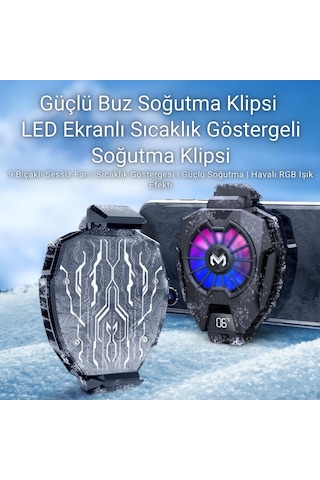 Polham 7500rpm Buz Tipi Radyatörlü Led Işıklı Telefon Soğutucu Fan, Sıcaklık Göstergeli Sessiz Soğutucu