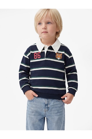 Koton Kaplan Baskılı Uzun Kollu Çizgili Polo Yaka Sweatshirt Lacivert Çizgili 7wmb10057tk