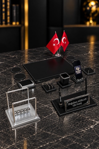 13 Parça Masa İsimlik Seti Kişiye Özel Çift Kalemli Newton Denge Toplu Ofis Sümen Takımı Siyah