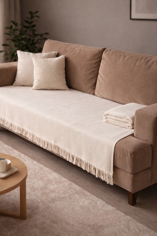 Pamuklu Koltuk Örtüsü 115x200 Cm Çekyat Ve Kanepeler İçin Koruyucu Önden Saçaklı Dekoratif Kaymaz Ekru