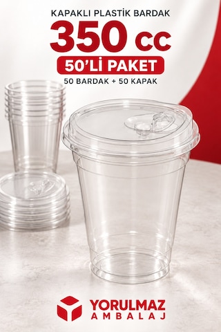 350 Cc Kilitli Kapaklı Pet Bardak 50'li Soğuk İçecek Bardağı 40