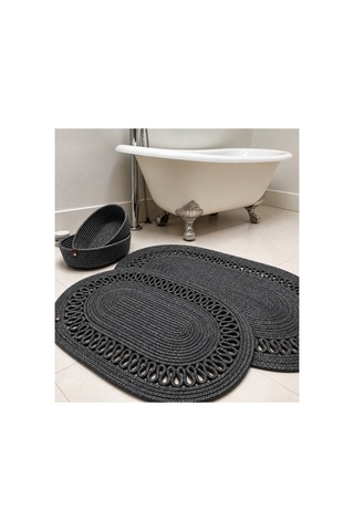 Oval Örgü Banyo Paspası Hasır Görünümlü Dekoratif Kaymaz Banyo Paspası 2 Adet Dekoratif Kutu Hediye Antrasit Antrasit