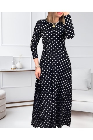 Kadın Krep Kumaş Uzun Kollu Tam Boy Puantiyeli Elbise 132 Cm Siyah