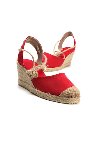 Star Tombis Gerçek Elişi Topuğu Açık Bilekten Bağlamalı Bej Dolgu Topuk Keten Hasır Espadril Handmade Kırmızı