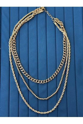 Premium Gold Renk Parlak Ve Şık 3'lü Katmanlı Zincir Kombin 316l Çelik Kadın Kolye 45cm Altin