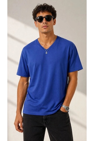 Erkek V Yaka Basic Tişört Kısa Kol Yazlık Regular Fit T-shirt - Saks Mavisi Çok Renkli