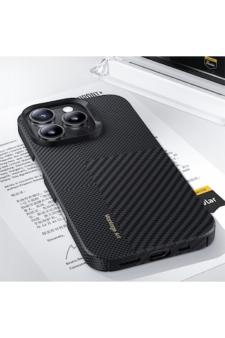 Apple Uyumlu iPhone 16 Pro Kılıf M-safe Şarjlı Metal Kamera Çerçeveli Benks Montage Armorair Kevlar Kapak Siyah Siyah