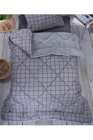 Tek Kişilik Lüx Çift Taraflı Pufidik Desenli Wellsoft Yorgan 155x215 + 1 Adet Yastık Kılıfı Antrasit - Gri