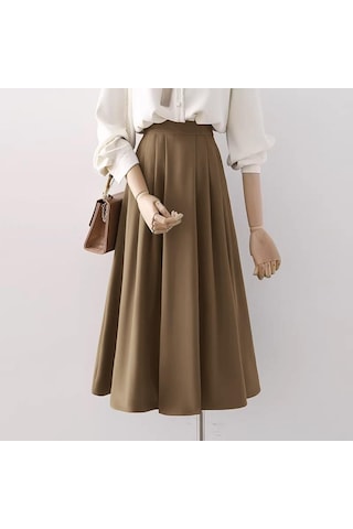 Zanzea Yaz Kadın Yüksek Bel Pileli Düz Renk Bol A Kesim Etek Kahverengi