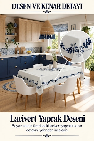 Vivanni Home Yıkanabilir Dikdörtgen Masa Örtüsü Günlük Kullanıma Uygun Pratik Ve Uzun Ömürlü Mavi Yapraklı