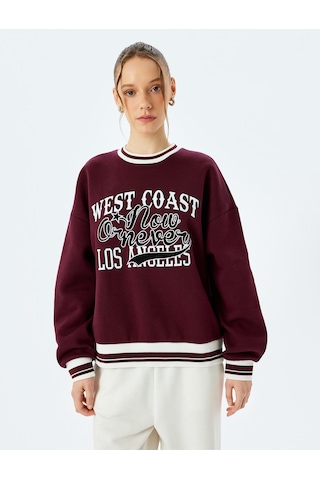 Koton Üç İplik Şardonlu Uzun Kollu Bisiklet Yaka Kolej Baskılı V Yaka Sweatshirt Bordo 5wal10836ık Bordo