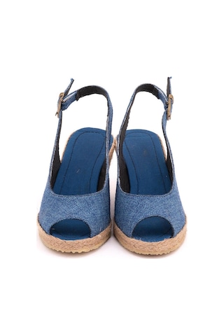 Gerçek Elişi Burnu Açık Arkası Bantlı Dolgu Topuk Mavi Keten Hasır Espadril Handmade Saks Mavi